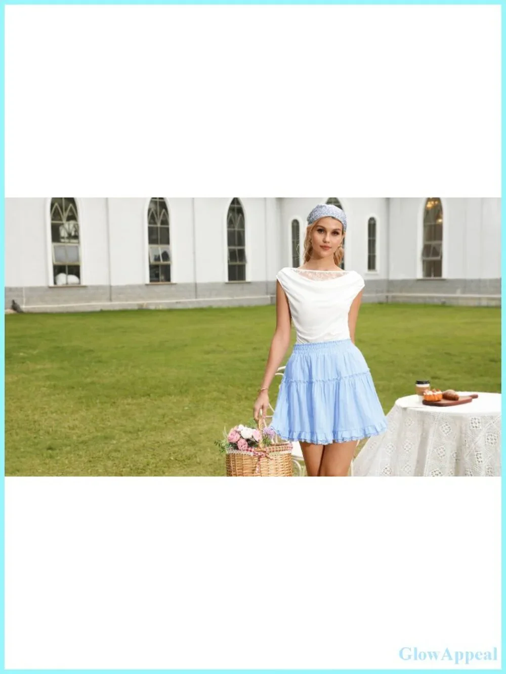 Women Cotton Mini Skort with Ruffle Trim and Lace Underlay, High Waist A-Line